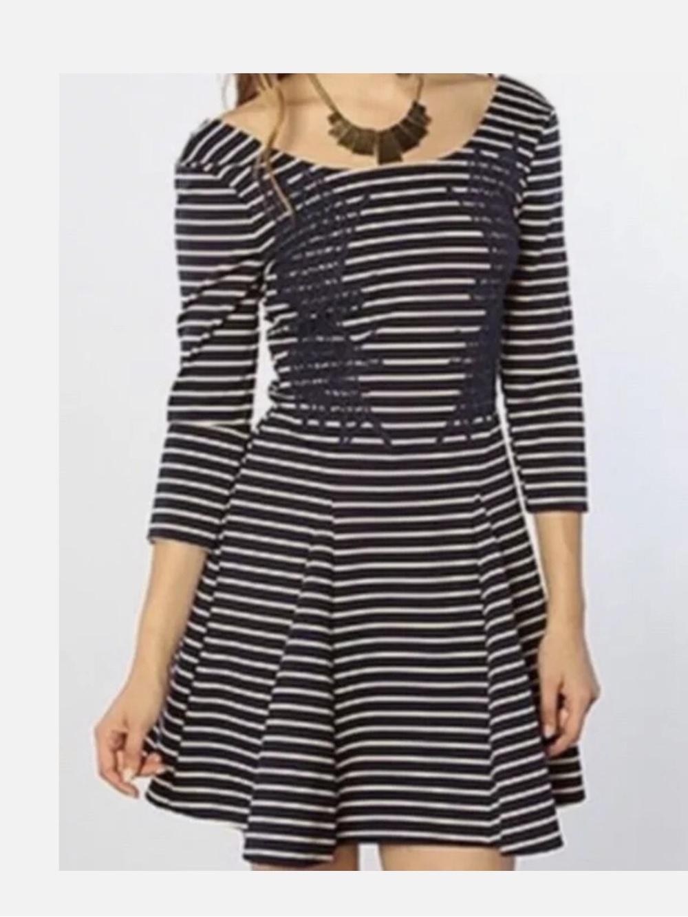 Free People Navy and White Striped Long-Sleeve Fit-and-Flare Dress